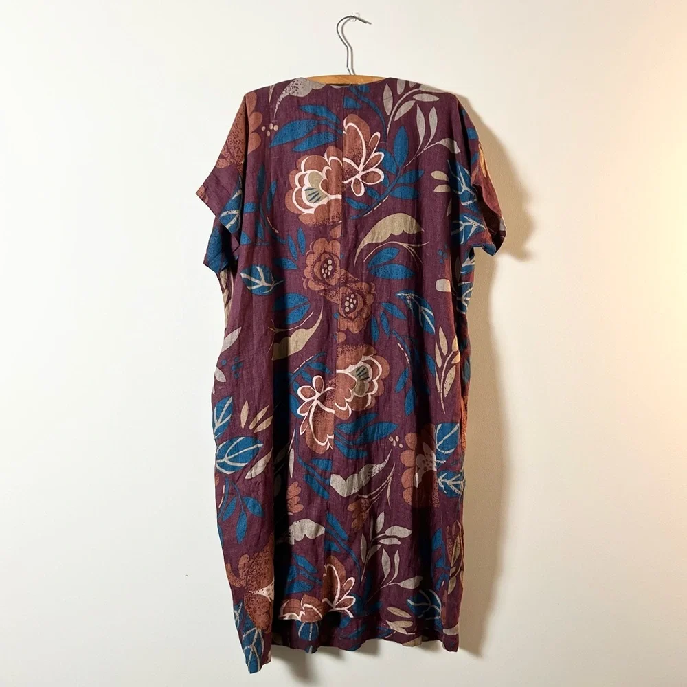 Gudrun Sjoden 100% Linen Floral Batwing Kaftan Dress Womens M Burgundy - Picture 4 of 5